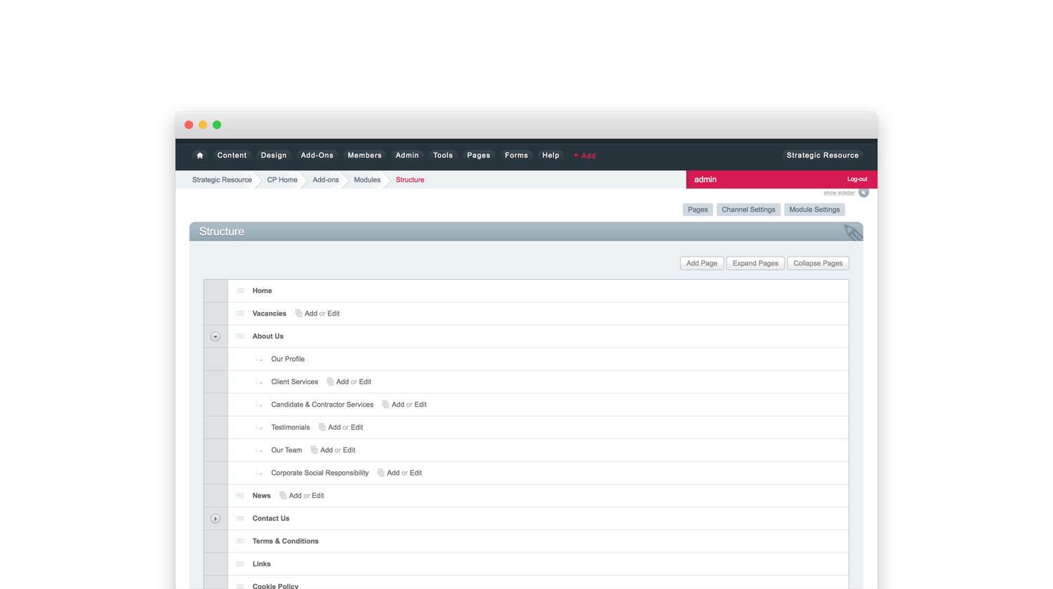 Screenshot of content management system